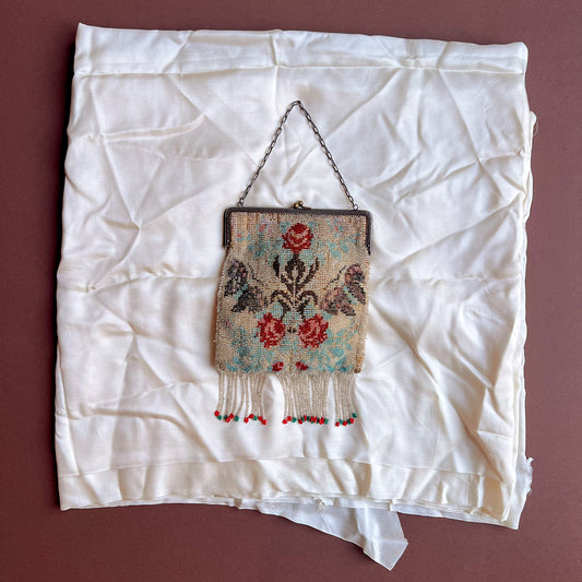 Antique 1910s Rose Beaded Fringe Handbag