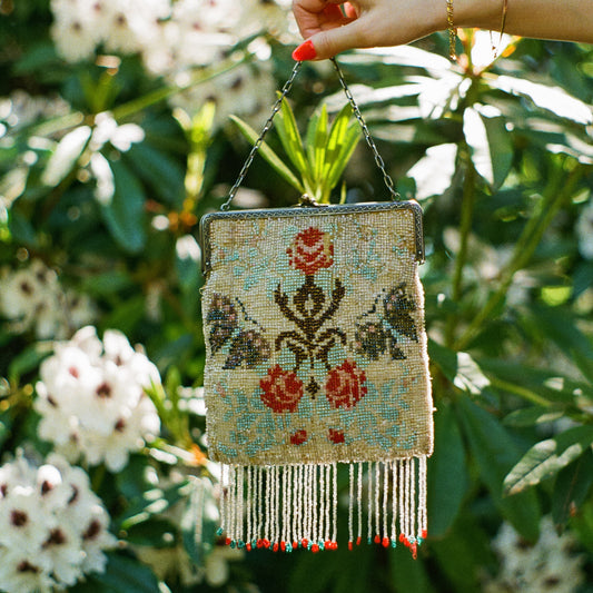 Antique 1910s Rose Beaded Fringe Handbag