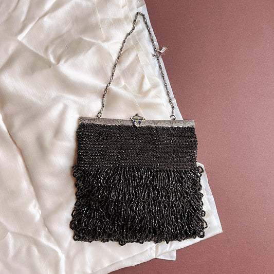 Incredible 1920s Heavily Beaded Black Handbag