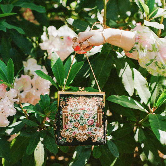 1950s Black Floral Needlepoint Handbag With Gold Chain