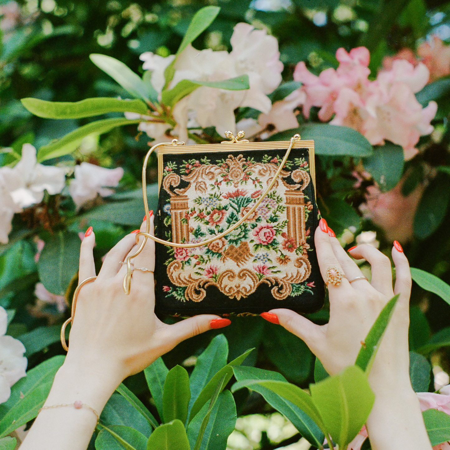 1950s Black Floral Needlepoint Handbag With Gold Chain