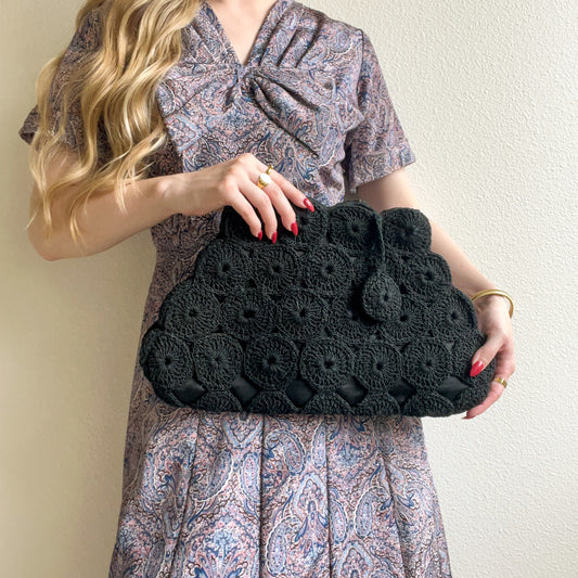 Darling 1940s Black Crochet Oversized Clutch
