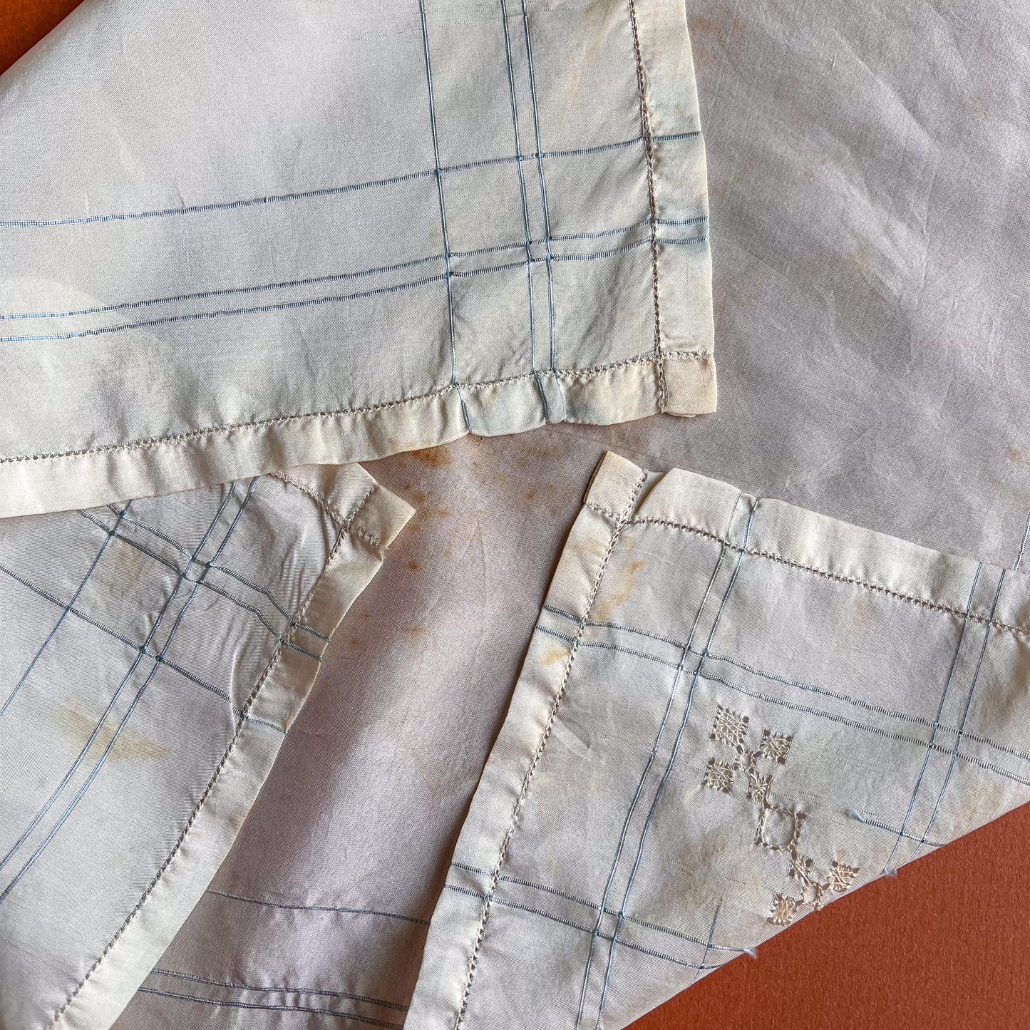 1940s Ivory Handkerchief with Pale Blue Border