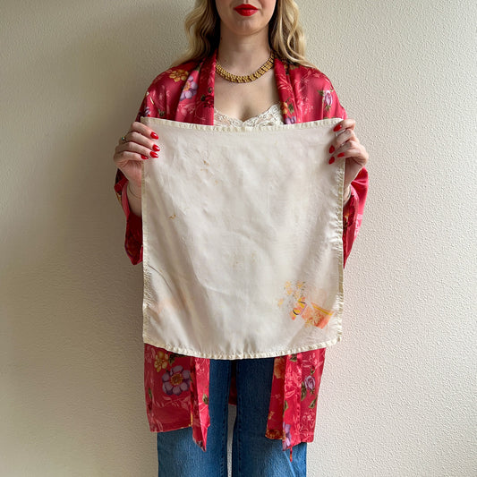 1940s Ivory Handkerchief With Faded Orange Print
