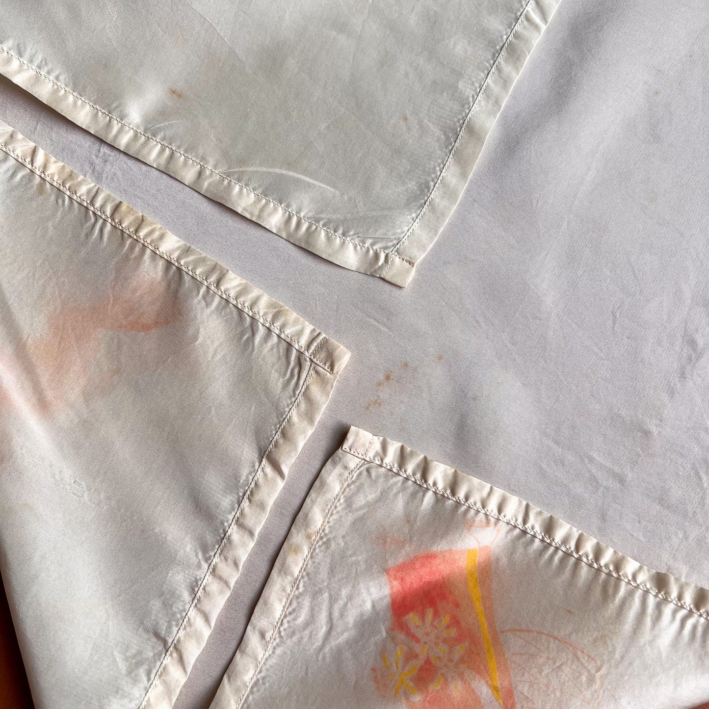 1940s Ivory Handkerchief With Faded Orange Print