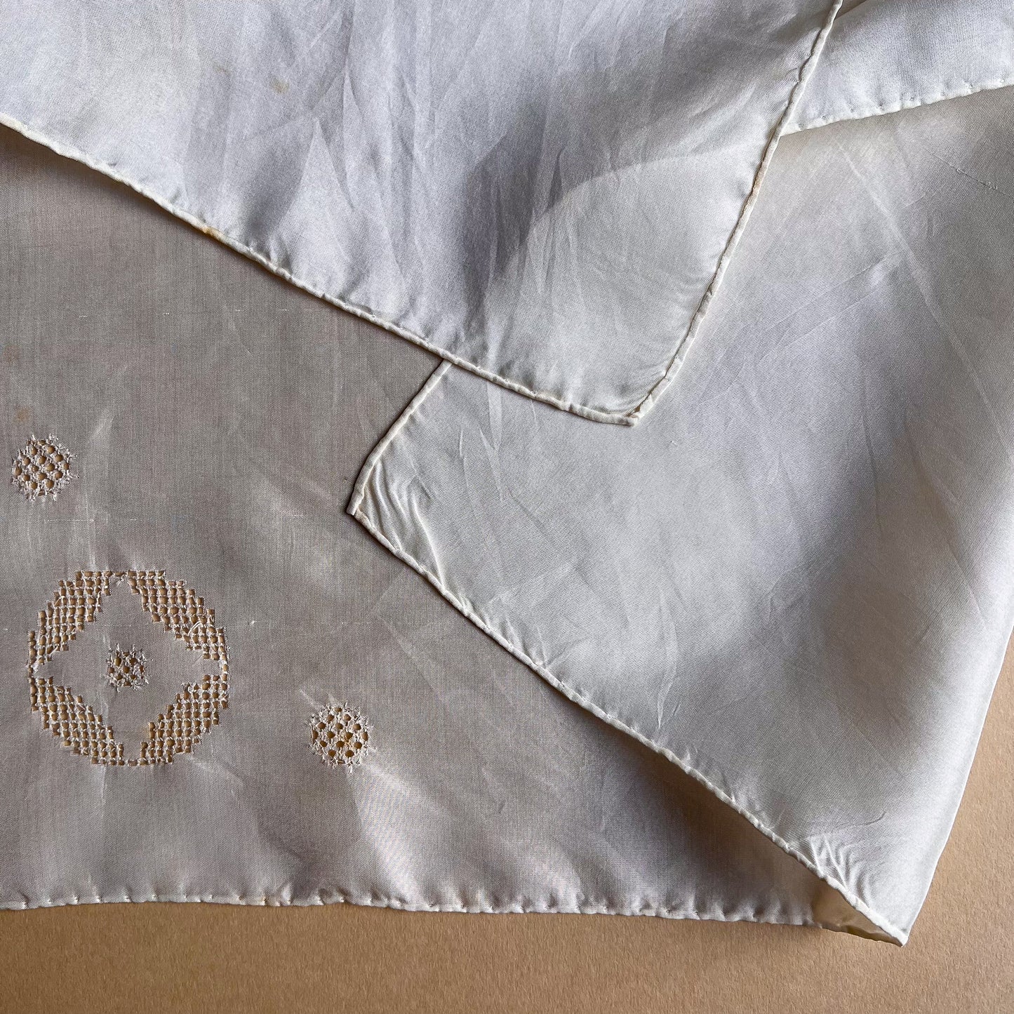 1940s Ivory Silk Handkerchief With Eyelet Detail
