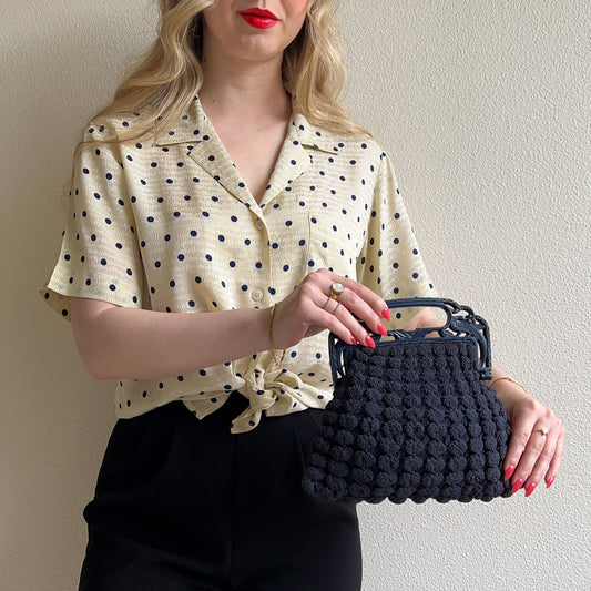 1940s Navy Crochet Handbag With Etched Clasp