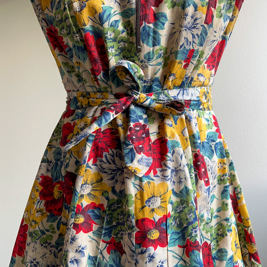 1940s Red and Yellow Floral Cotton Dress (M/L)