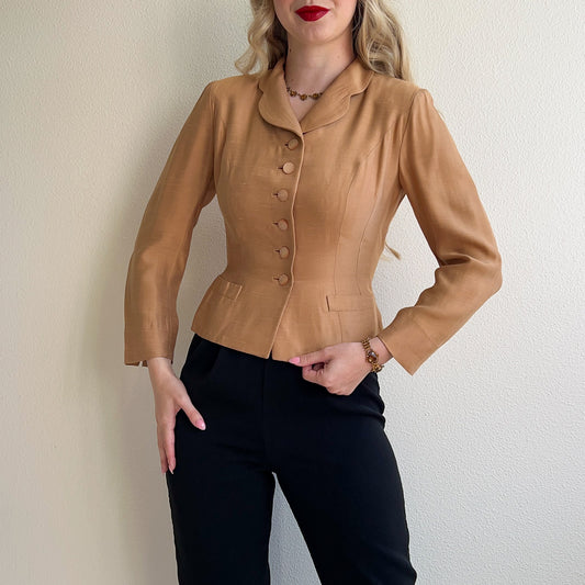 Darling 1940s Taupe Silk Buttoned Jacket (XS/S)
