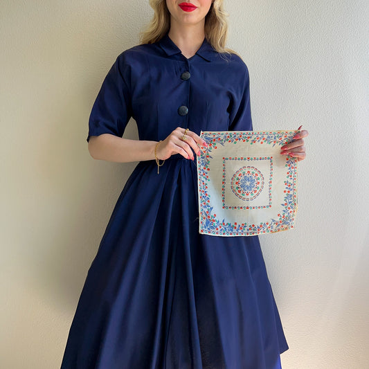 1940s White Silk Floral Handkerchief