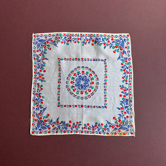 1940s White Silk Floral Handkerchief