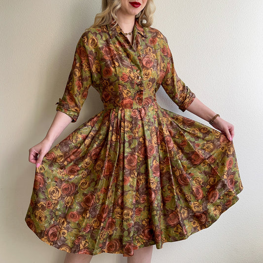 1950s Rich Autumnal Pattern Silk Dress (M/L)