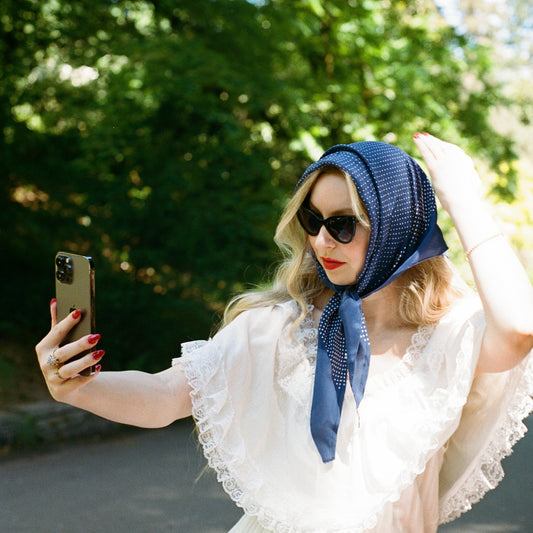 1950s Royal Blue Head Scarf With White Polka Dots