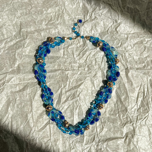 1950s Blue Lucite Filigree Beaded Necklace