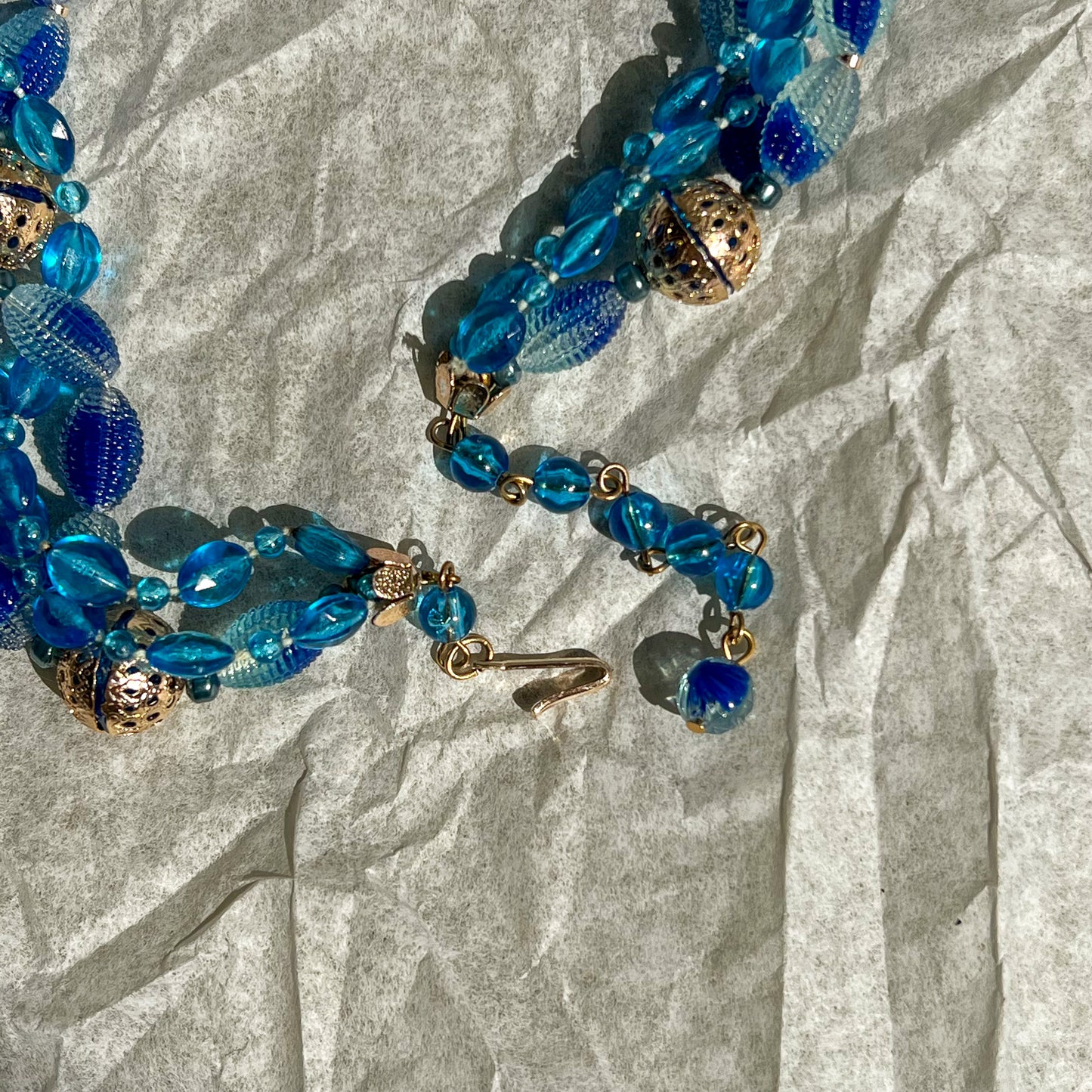 1950s Blue Lucite Filigree Beaded Necklace