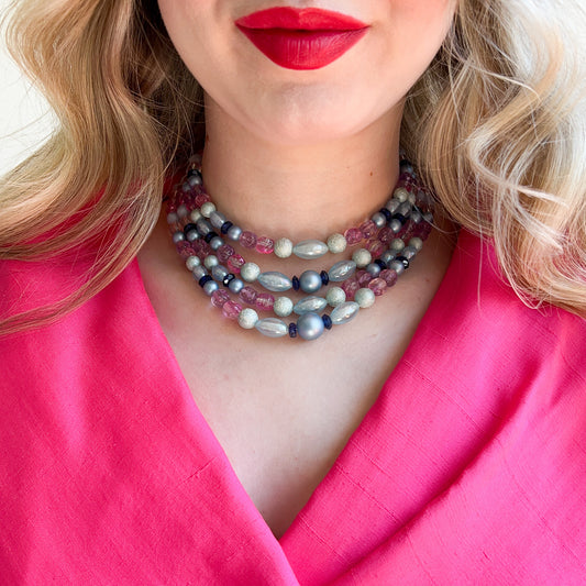 1950s Blue and Purple Beaded Tier Necklace