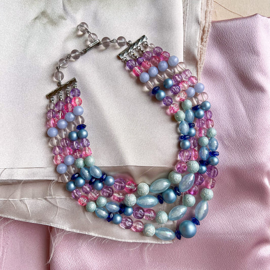1950s Blue and Purple Beaded Tier Necklace