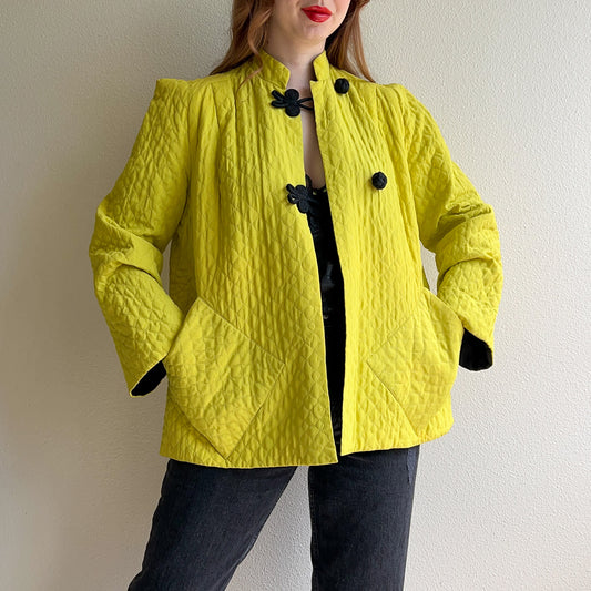 1950s Chartreuse Quilted Jacket With Black Toggle Buttons (M/L)
