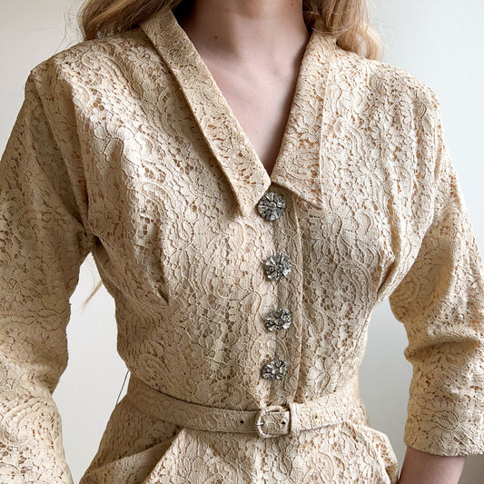 1950s Cream Lace Dress With Pockets and Rhinestone Buttons (S/M)
