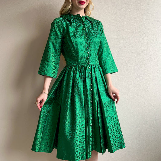 Glamorous 1950s Emerald Green Silk Dress With Glass Buttons (XS)