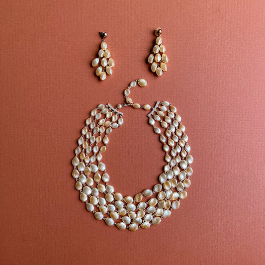 Stunning 1950s Faux Flat Pearls Necklace and Earring Set