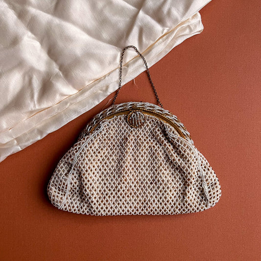 Darling 1950s Gold and White Embroidered Handbag