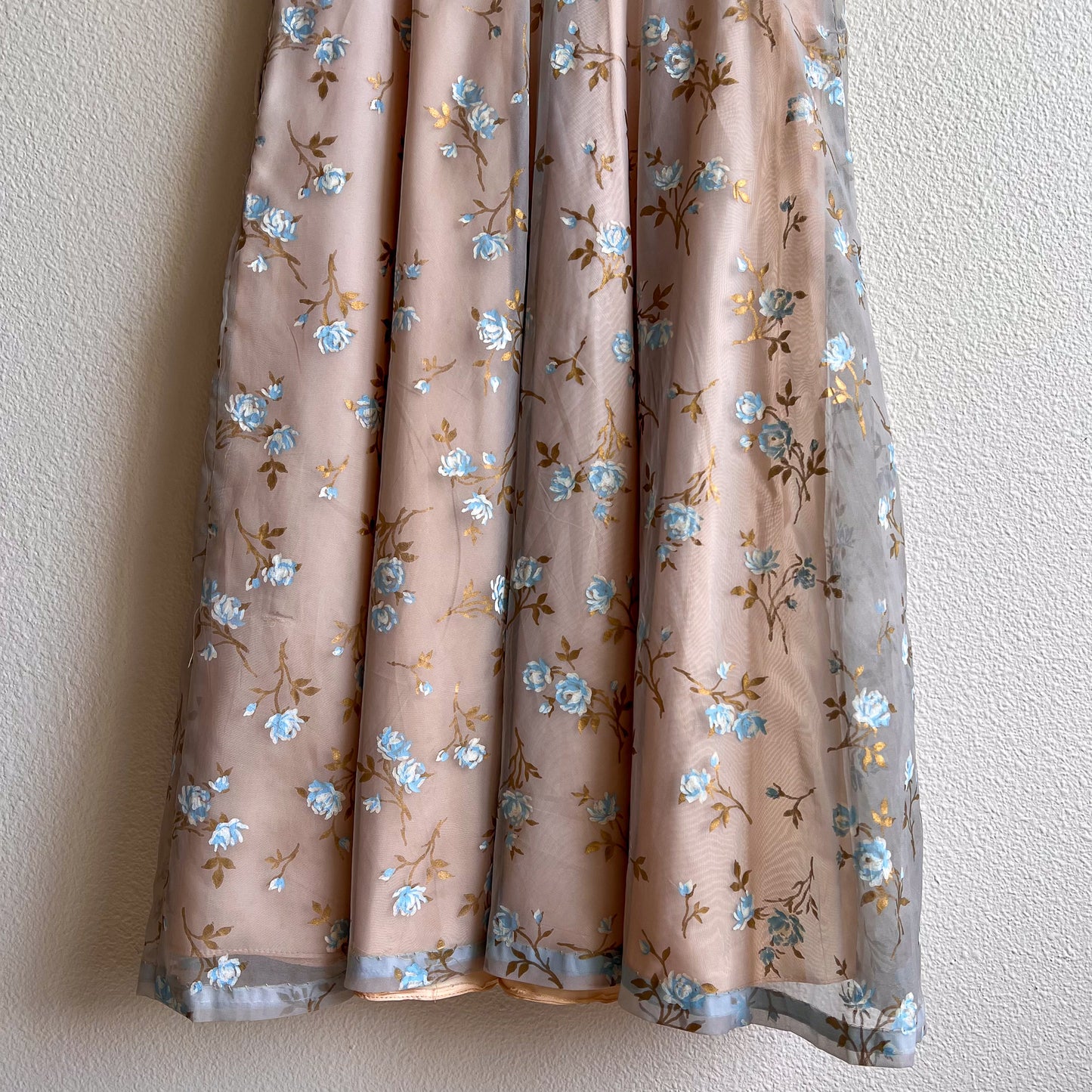 Incredible 1950s Hand Painted Floral Chiffon Party Dress (S)