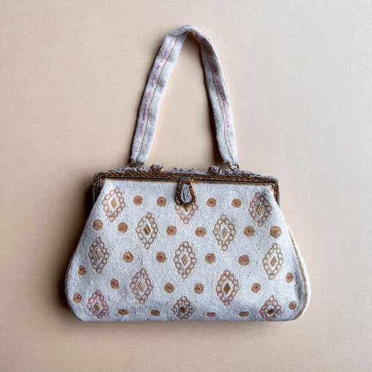 Incredible 1950s Heavily Beaded White Handbag