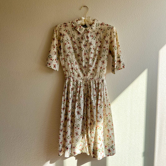 1950s Ivory Summer Dress With Pink Florals and Butterflies (XXS)
