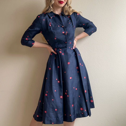 1950s Navy Silk Dress With Red Polka Dots (S)
