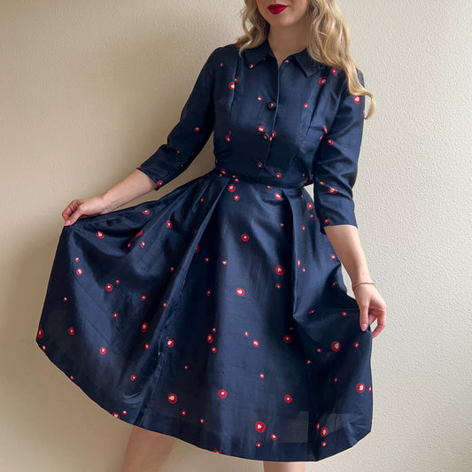 1950s Navy Silk Dress With Red Polka Dots (S)