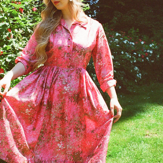 Gorgeous 1950s Pink Abstract Print Silk Party Dress (S/M)
