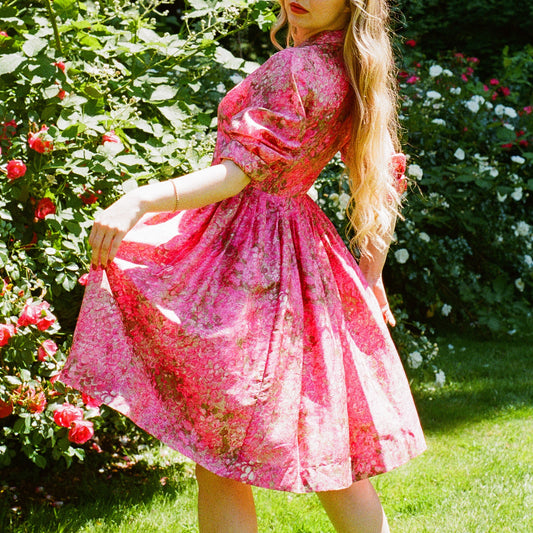 Gorgeous 1950s Pink Abstract Print Silk Party Dress (S/M)