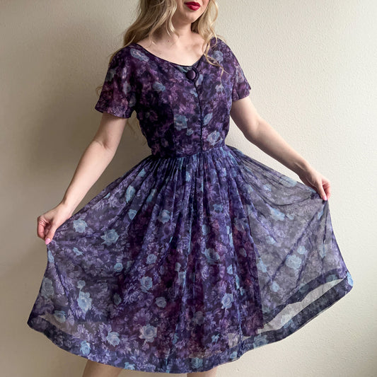 1950s Deep Purple Floral Chiffon Party Dress (M)
