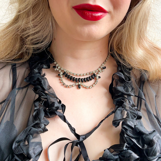 1950s Rhinestone Choker Necklace With Obsidian Gemstones