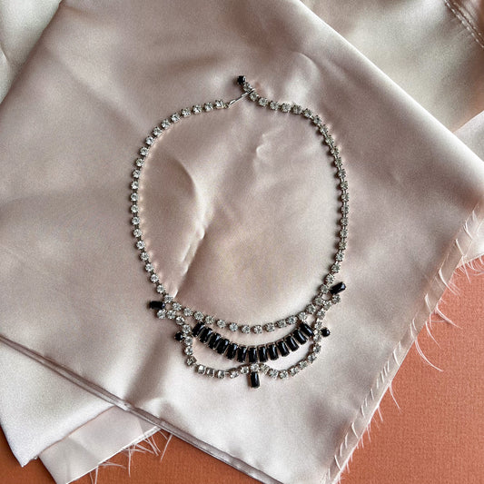 1950s Rhinestone Choker Necklace With Obsidian Gemstones