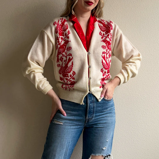 1950s White Cardigan With Red Bird Pattern (M/L)