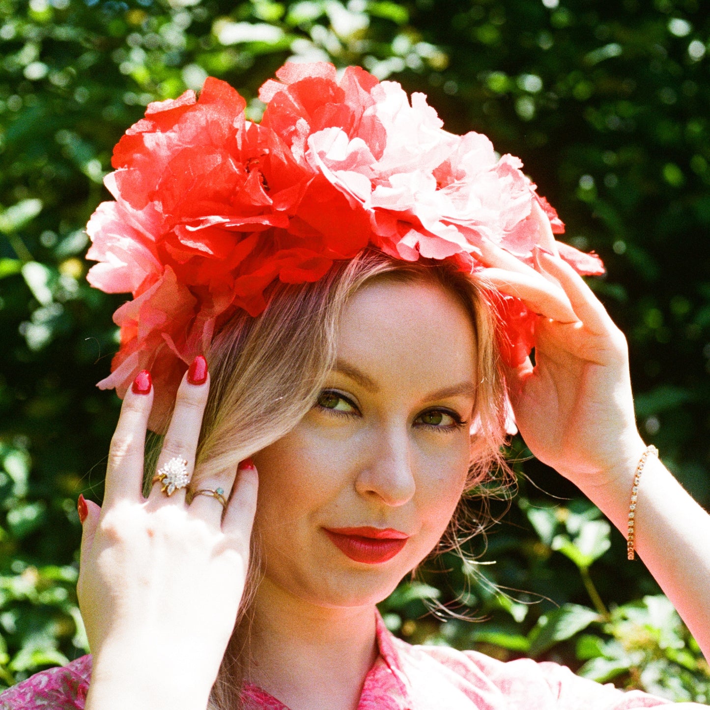 1950s Red and Pink Chiffon Flowers Hat