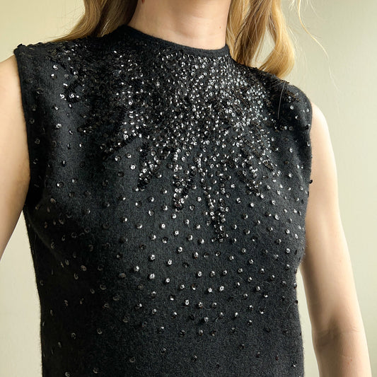 1960s Black Knit Sweater Top With Sequins (S/M)