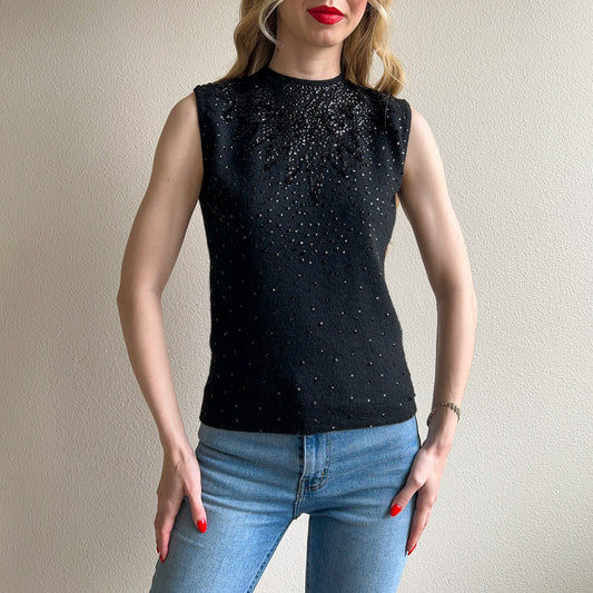 1960s Black Knit Sweater Top With Sequins (S/M)