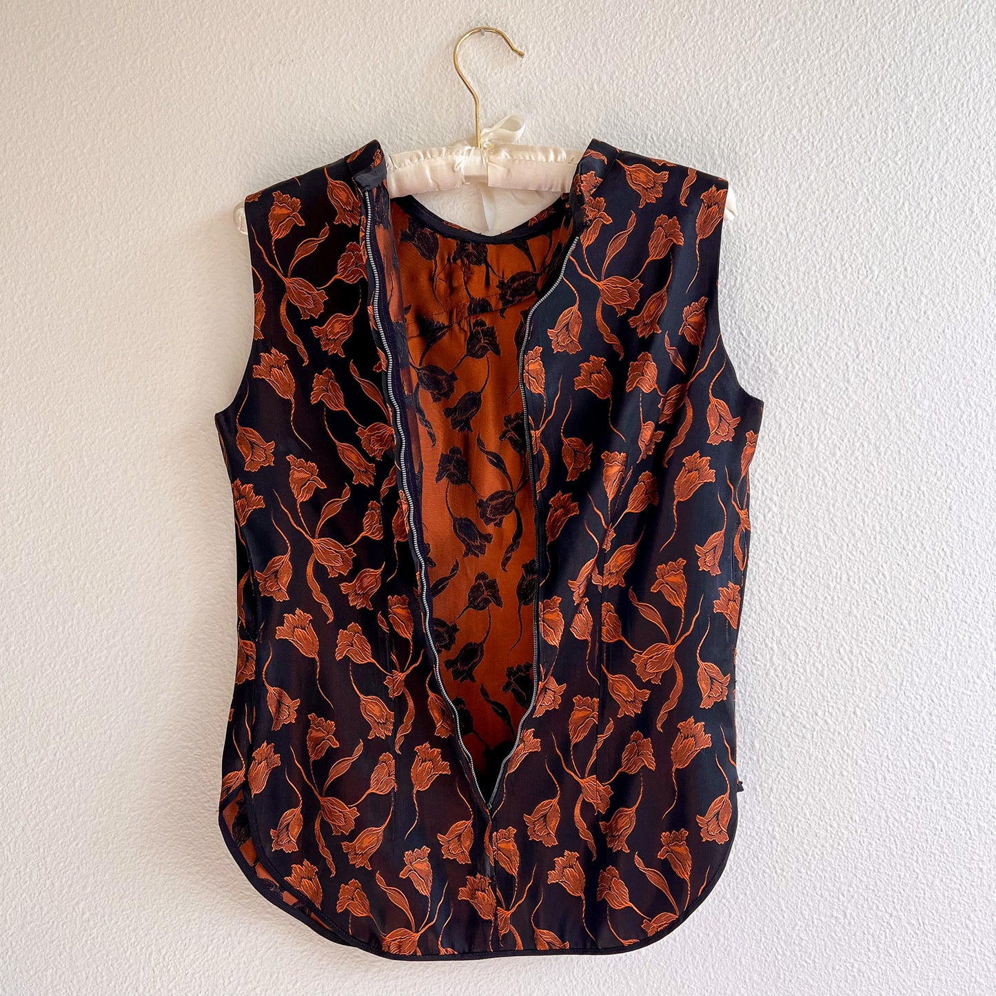 1960s Black Silk Top With Bronze Pattern (M)