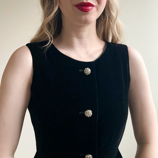 1960s Black Velvet Party Dress With Rhinestones (S)