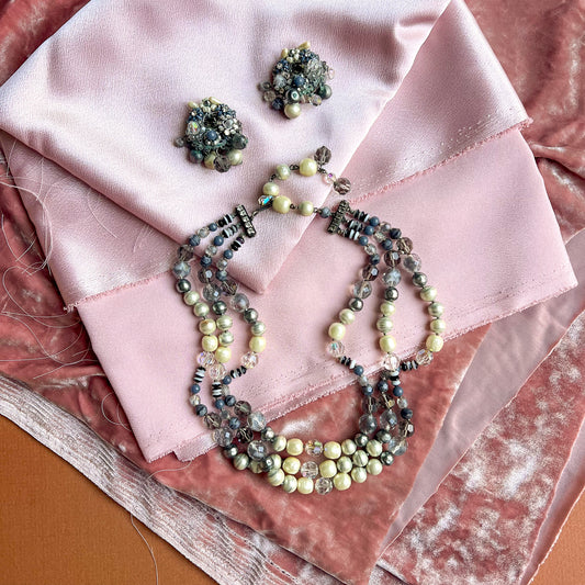 1960s Black and White Beaded Necklace and Clip-On Earrings Set