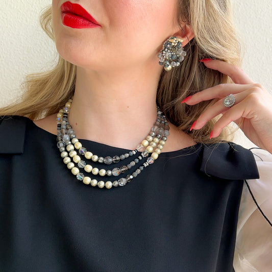 1960s Black and White Beaded Necklace and Clip-On Earrings Set