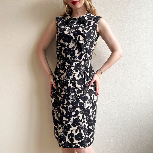 1960s Black and White Floral Button Dress (S/M)