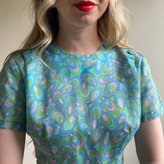 Darling 1960s Light Blue Abstract Pattern Cotton Dress (S)