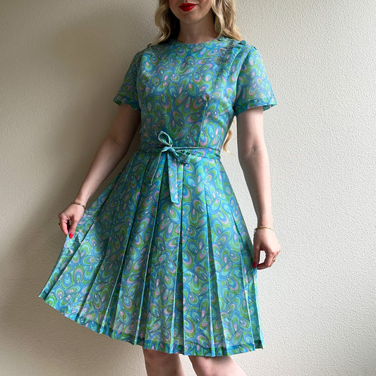 Darling 1960s Light Blue Abstract Pattern Cotton Dress (S)