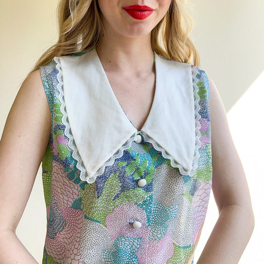 1960s Blue Novelty Print Collared Babydoll Dress (M/L)