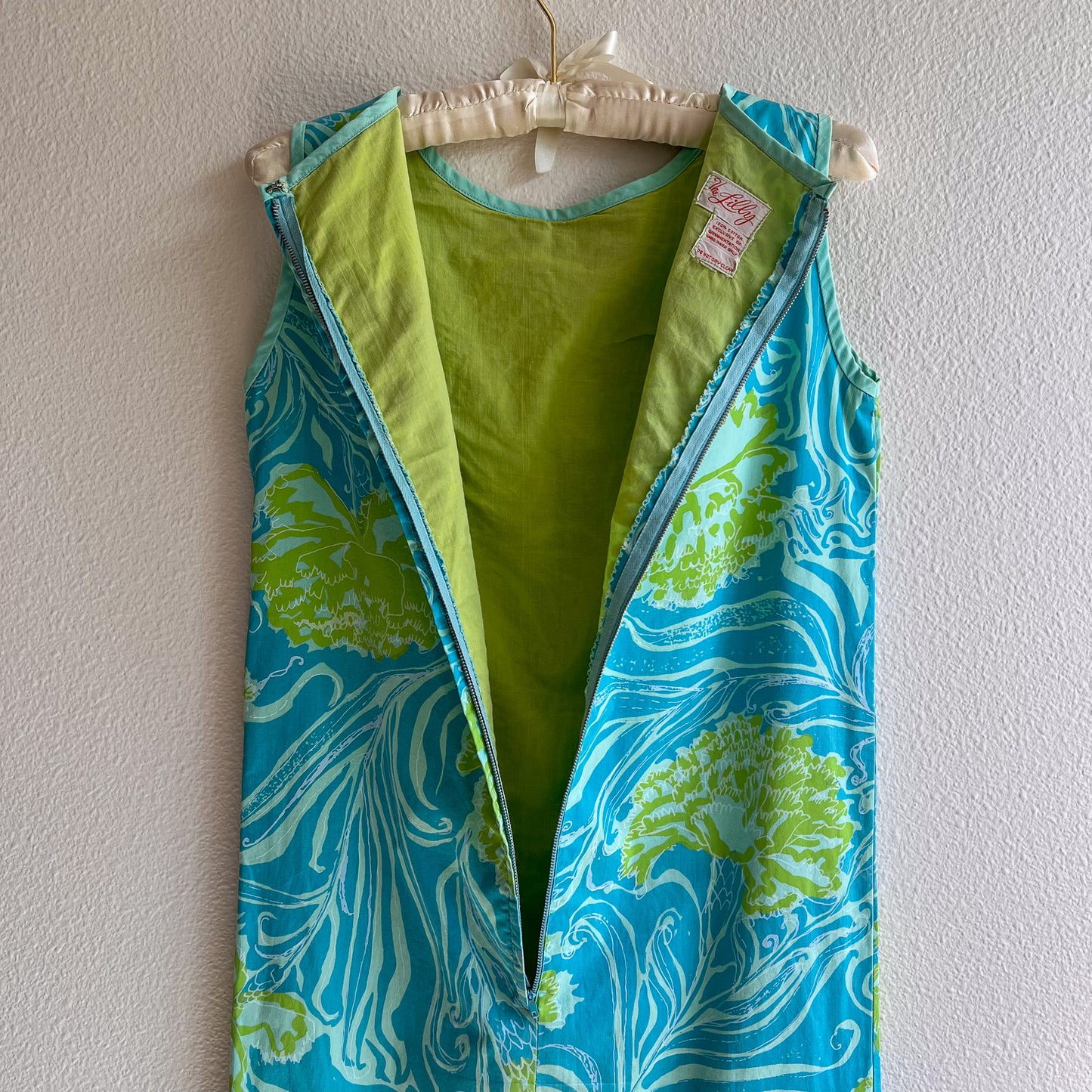 1960s Pale Blue and Green Tropical Print Summer Dress (S)