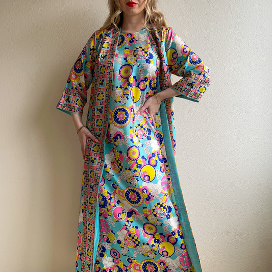 1960s Blue and Pink Psychedelic Print Maxi Dress (M/L)
